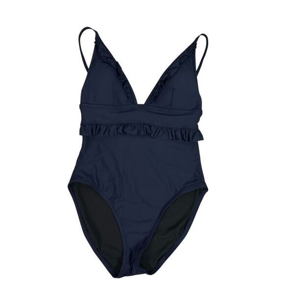 J. Crew Women’s size 8 Ruffle deep-V one-piece swimsuit Navy Blue NEW - Picture 2 of 10